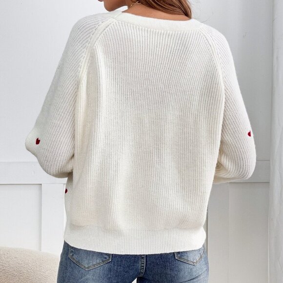 Beige Casual Women's Heart Embroidery Button Front Cardigan - Picture 2 of 6